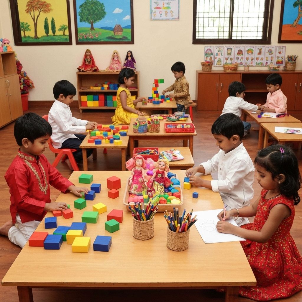 Indian preschool children engaged in learning activities