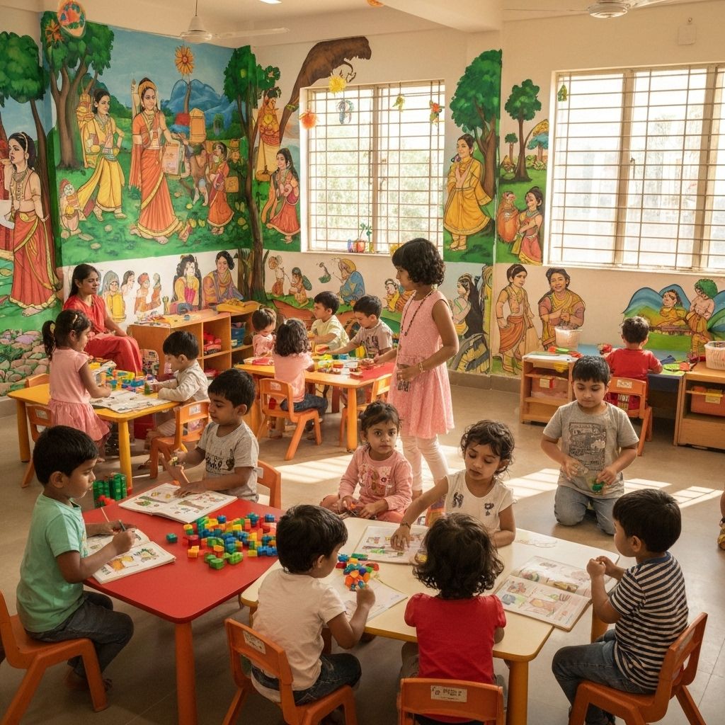 Indian preschool classroom with children